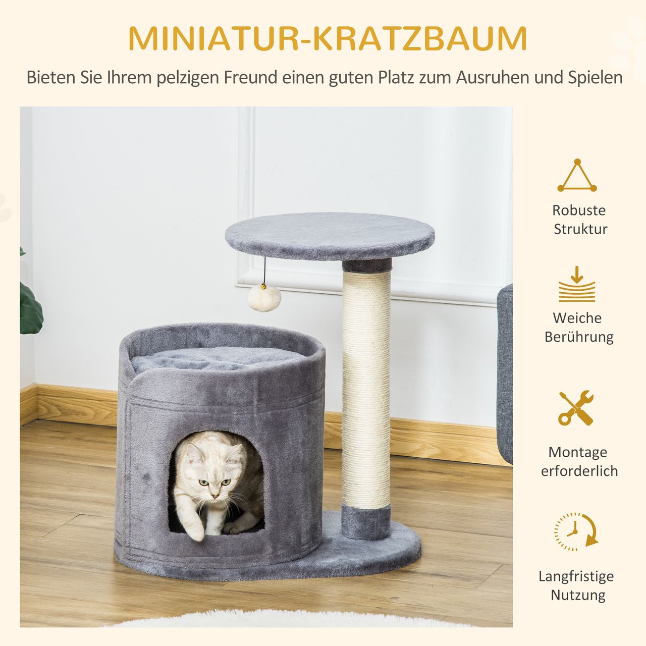 PawHut Kratzbaum Katzenbaum mit Katzenhöhle Spielball Katzenkratzbaum Sisalseil-Kratzstangen Grau 55 x 36 x 59 cm