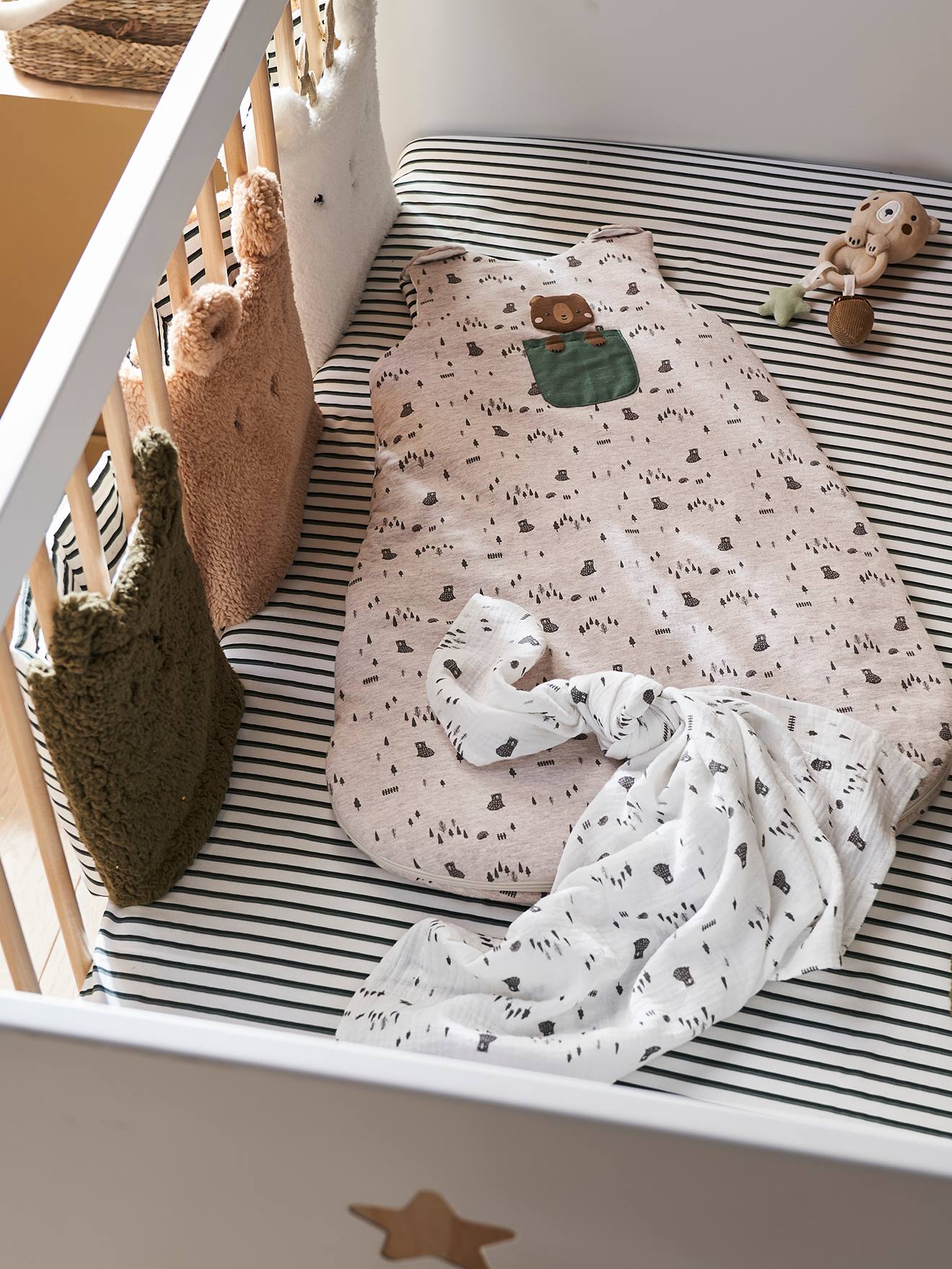 Vertbaudet Ärmelloser Baby Schlafsack GRÜNER WALD Oeko-Tex - beige meliert