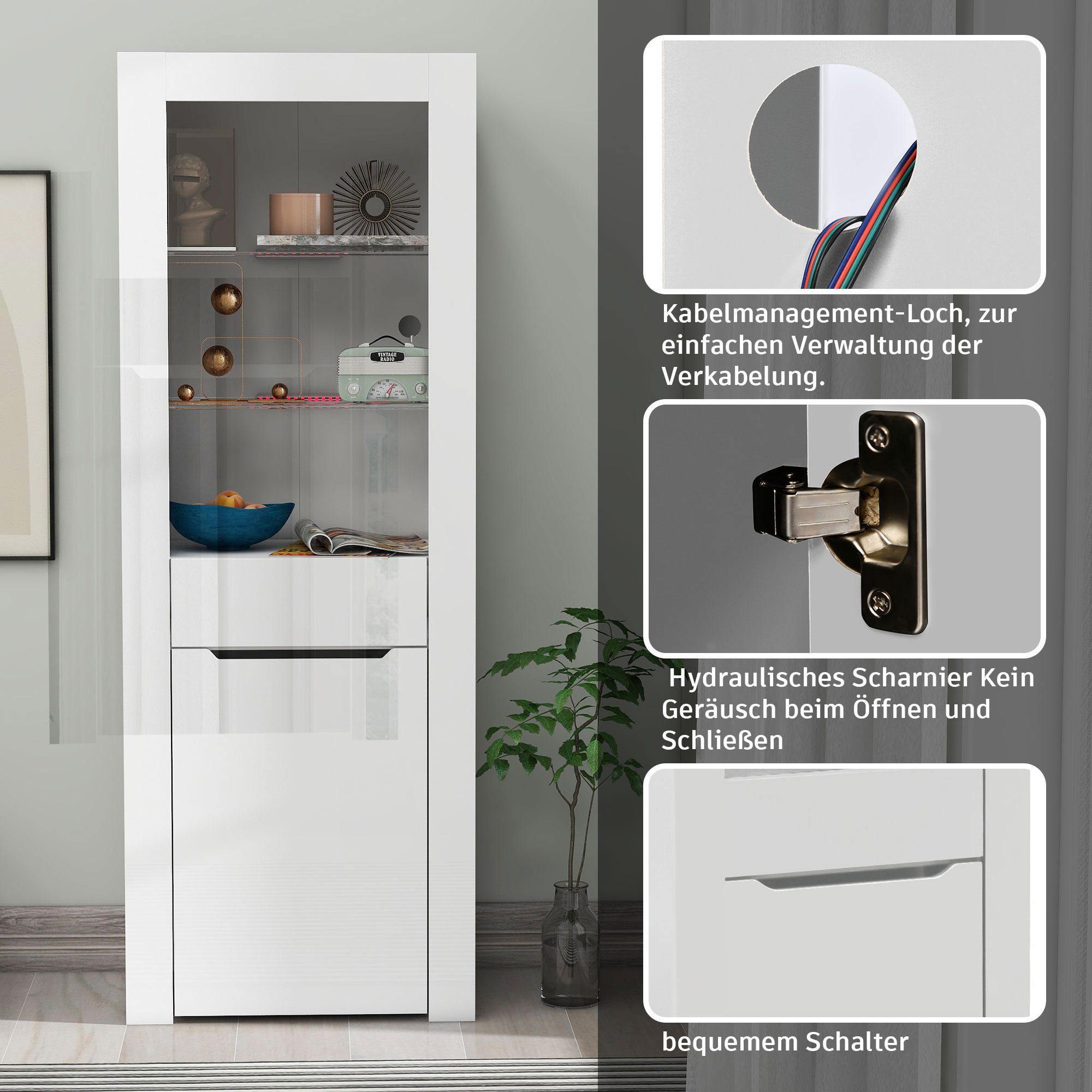HAUSS SPLOE Vitrine Vitrine Bücherschrank Aktenschrank Standvitrine (Aktenschrank Standvitrine Aufbewahrungsschrank, mit Regalen Vitrinenschrank Küchenschrank Bücherschrank) für Küche Wohnzimmer Büro Esszimmer Grau
