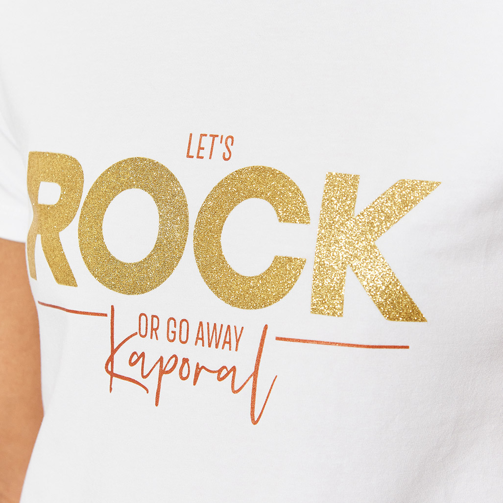 ARPEK  T-shirt cintré blanc Femme avec imprimé ROCK pailleté