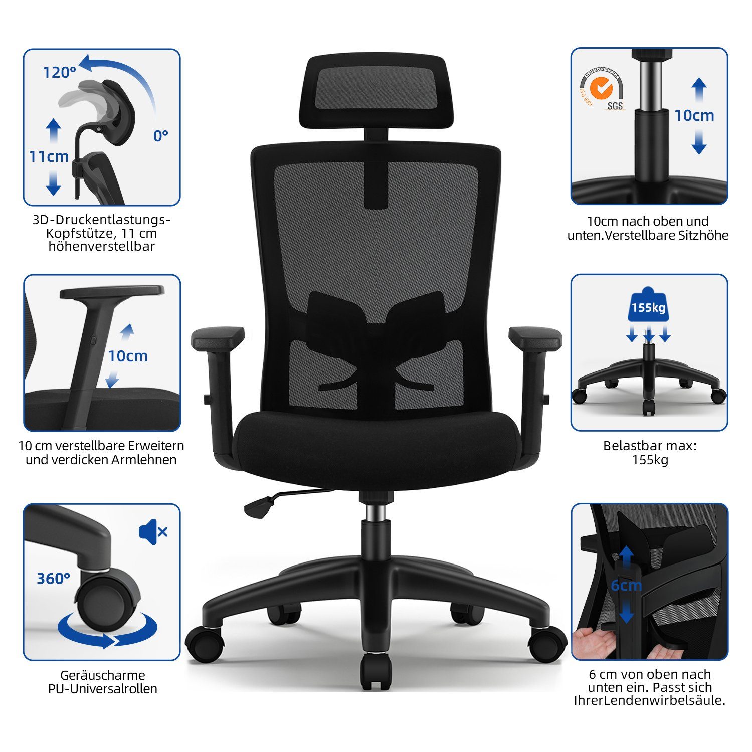 Daynee Bürostuhl Bürostuhl, Ergonomischer Schreibtischstuhl, Drehstuhl, Chefsessel (Packung, Verstellbare Armlehne,leise Rolle,Bis 155 kg belastbar, Atmungsaktiv,Sitzhöhe Einstellung), Wippfunktion 90°-135°, Verlängerte und Verbreiterte Rückenlehne,