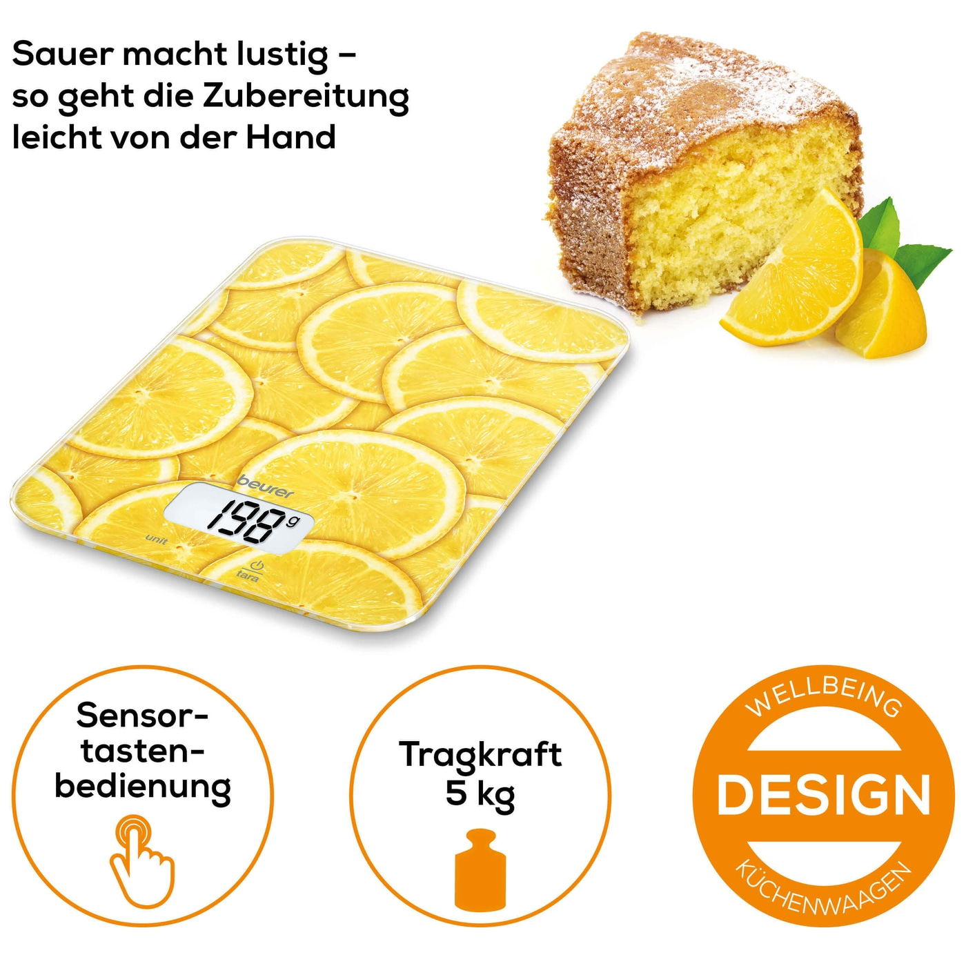 Beurer Küchenwaage KS 19 Lemon-Küchenwaage mit stylischer Glasoberfläche & Tarafunktion