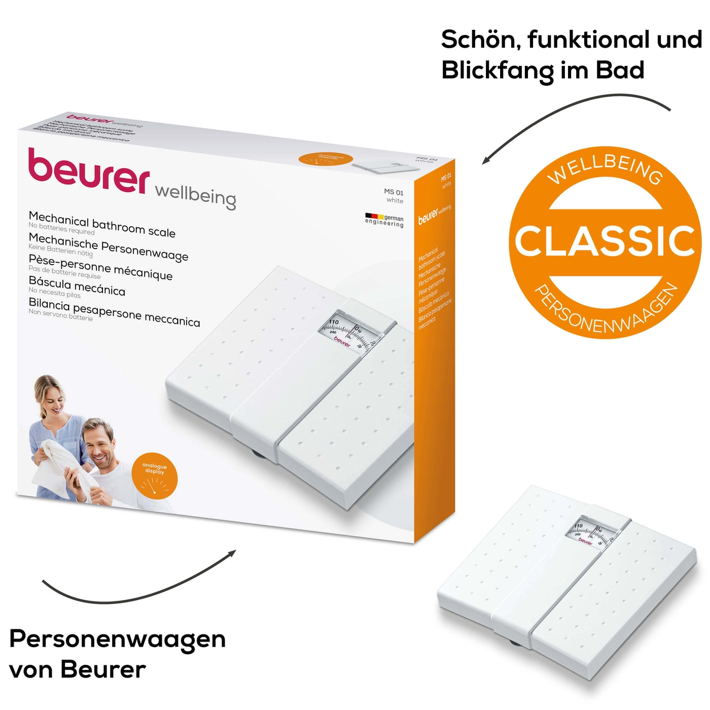 Beurer mechanische Personenwaage - MS 01-Personenwaage mit analoger Gewichtsanzeige & rutschhemmender Oberfläche - bis 120 kg