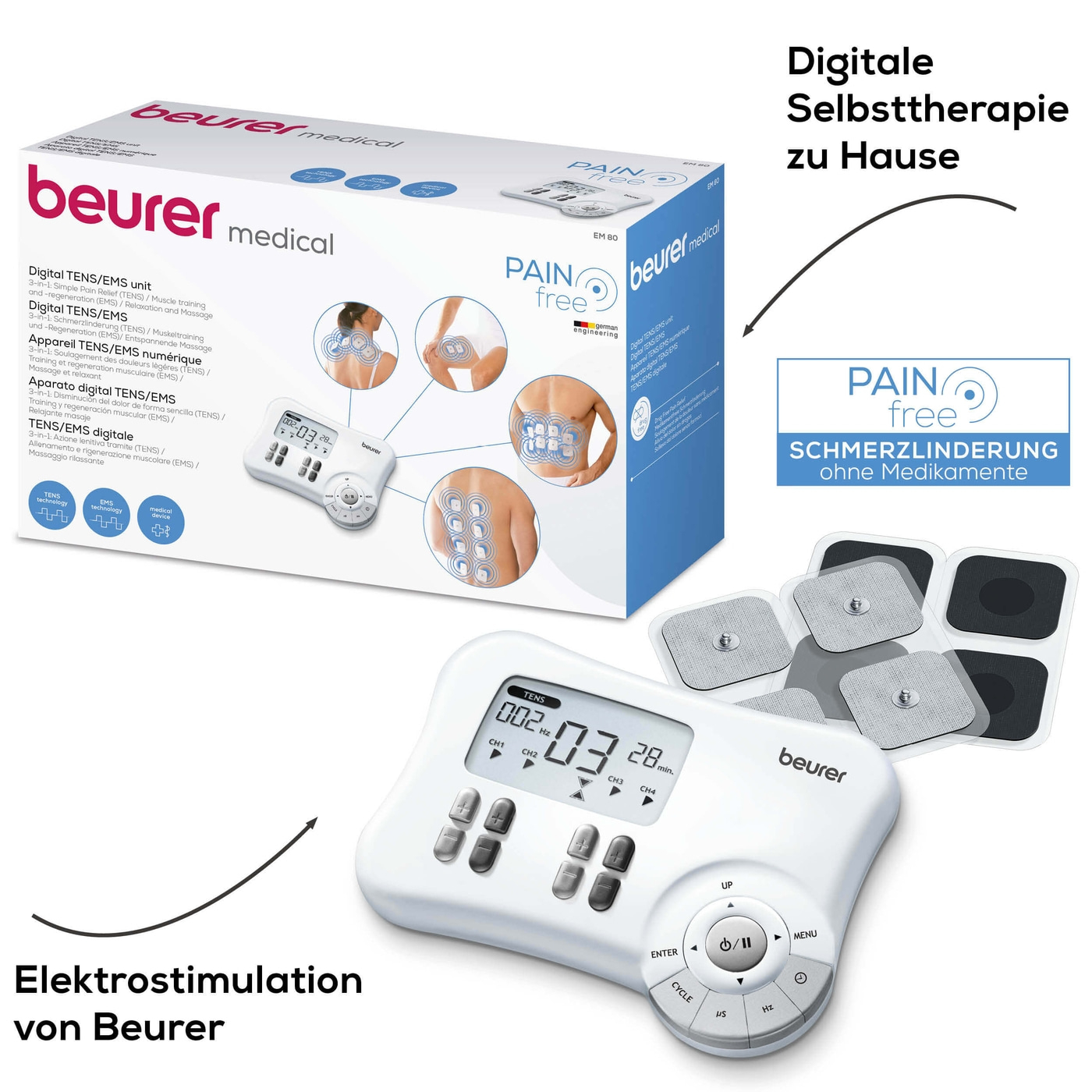 Beurer Digital TENS/EMS EM 80 3-in-1-EMS-TENS-Gerät zur Schmerztherapie, Muskelstimulation & Massage mit 8 Elektroden