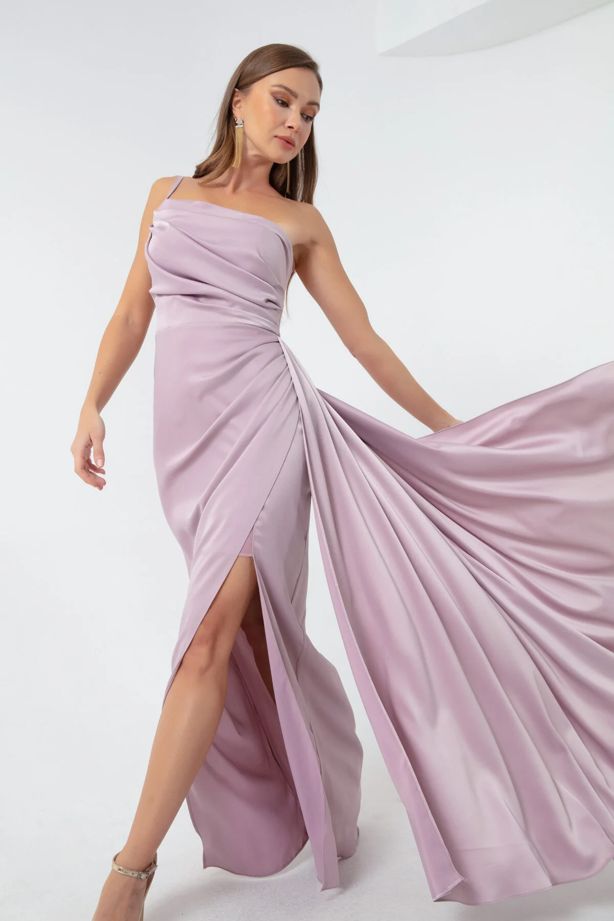 Lafaba  Fliederfarbenes One-Shoulder-Satin-Abend- und Abschlusskleid für Damen