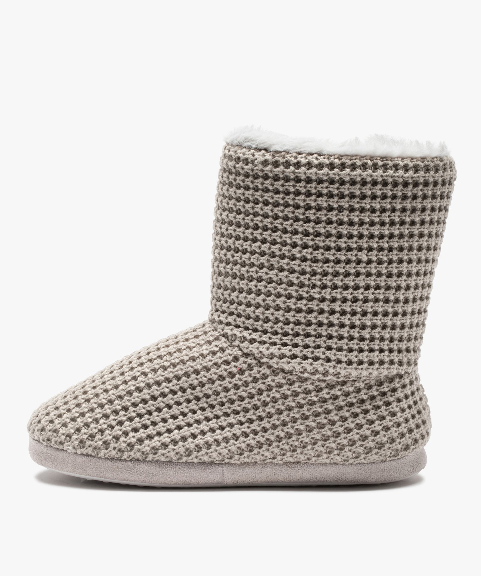 Chaussons femme boots dessus maille et intérieur fourré gris | GEMO
