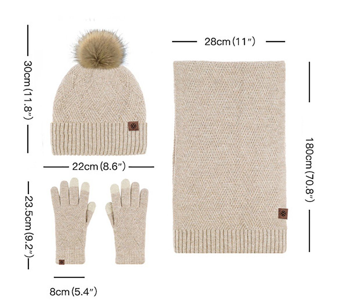 HutWorld Bommelmütze Bommelmütze Mütze Schal Damen Winter Beanie Strickmütze Set (Kältebeständiger Strickanzug aus Wollknäuel und Fleece, 1-St., Mütze, Schal, Handschuhe, dreiteiliges Set) Damen Fellbommel Beanie Schal Set