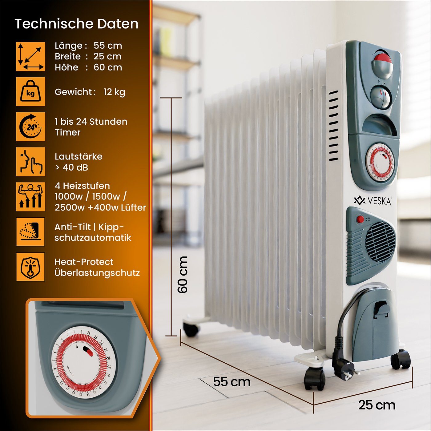 VESKA Heizkörper Elektroheizung 2900W Öl Radiator Elektro Heizung mit 24h Timer, Heizlüfter, Abschaltautomatik, 2500/2900 Watt