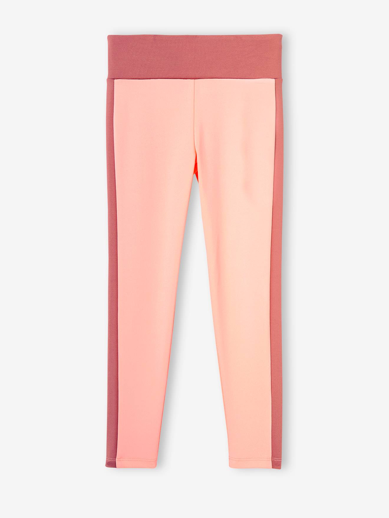 Legging sport matière technique fille bandes côtés corail fluo