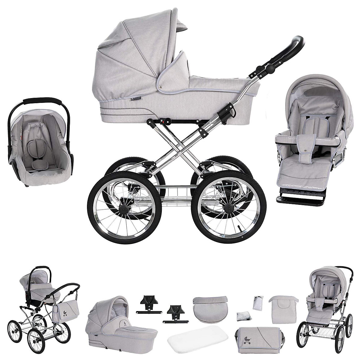 München | 3 in 1 Kombi Kinderwagen Komplettset | Nostalgie Kinderwagen Kombikinderwagen