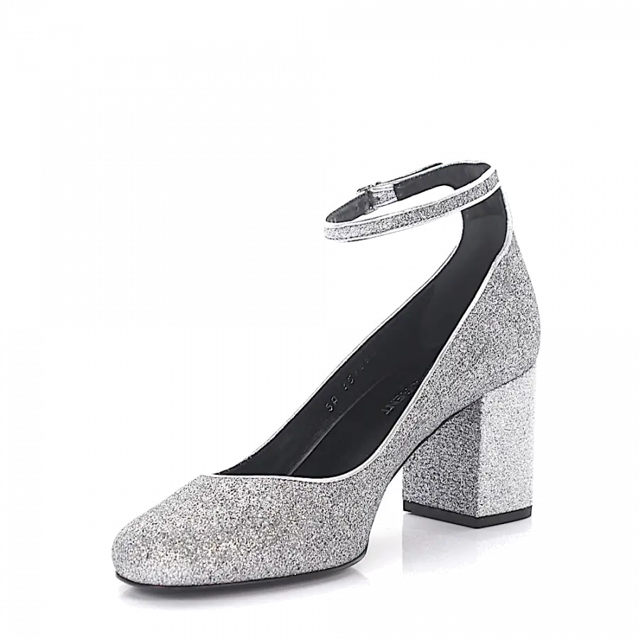 Saint Laurent - Pumps Kalbsleder Logo Glitzer silber - grau