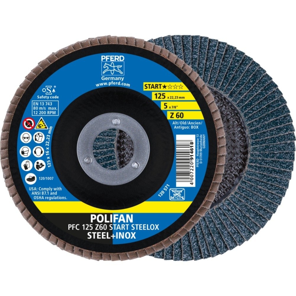 Disco de lixa Pferd 69300935 POLIFAN PFC 125x22,23 mm cônico Z60 start line START STEELOX aço/aço inoxidável