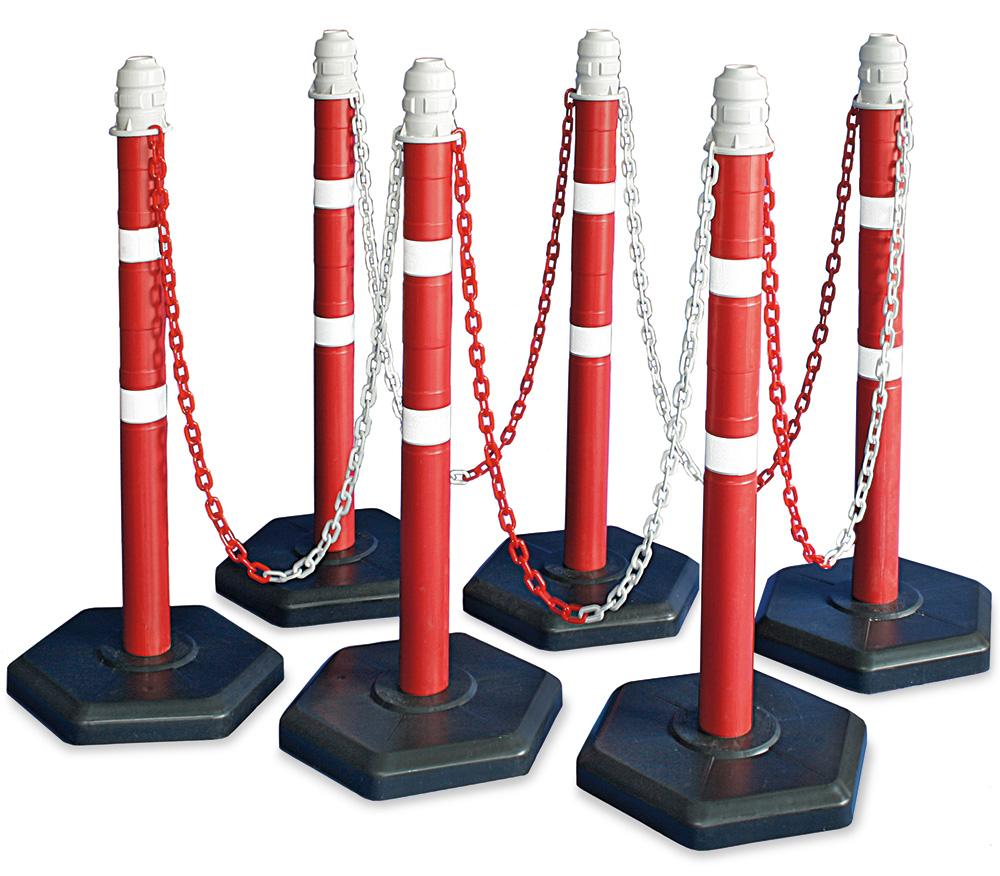 BRB Ketten- / Warnständer Komplett-Set mit 4 Kettenständern, 6 m Kette, Rohr Ø 70 mm, Höhe 1000 mm, Kunststofffuß betongefüllt