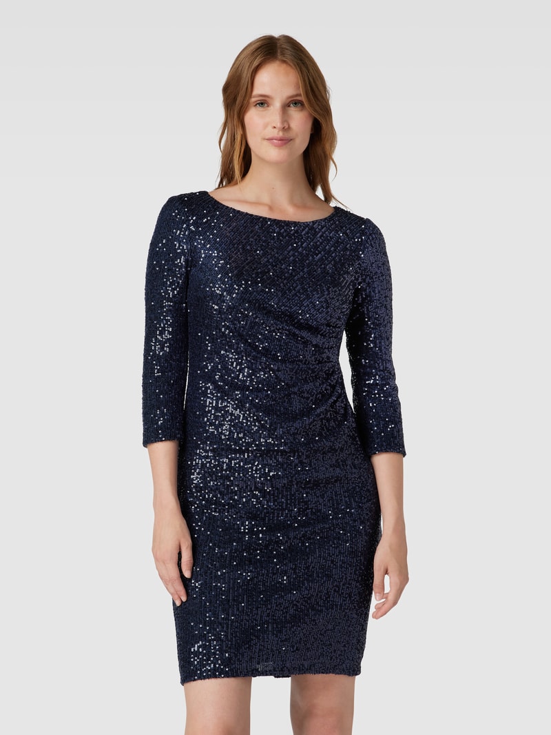 Knielanges Cocktailkleid mit Paillettenbesatz in dunkelblau