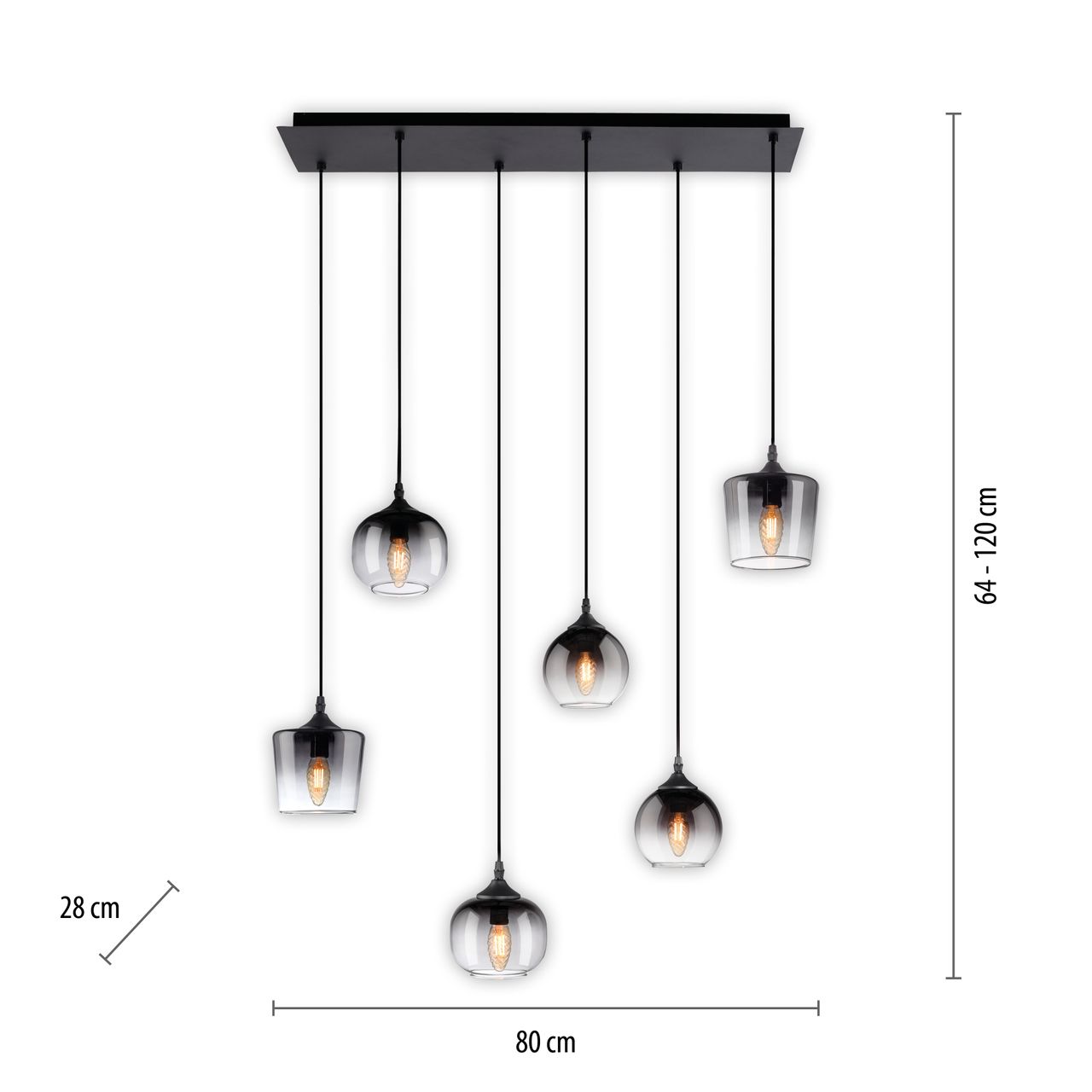 JUST LIGHT Pendelleuchte GREEN ZEA, 6x E14/25 Watt max., rauchfarbene Gläser, Schwarz