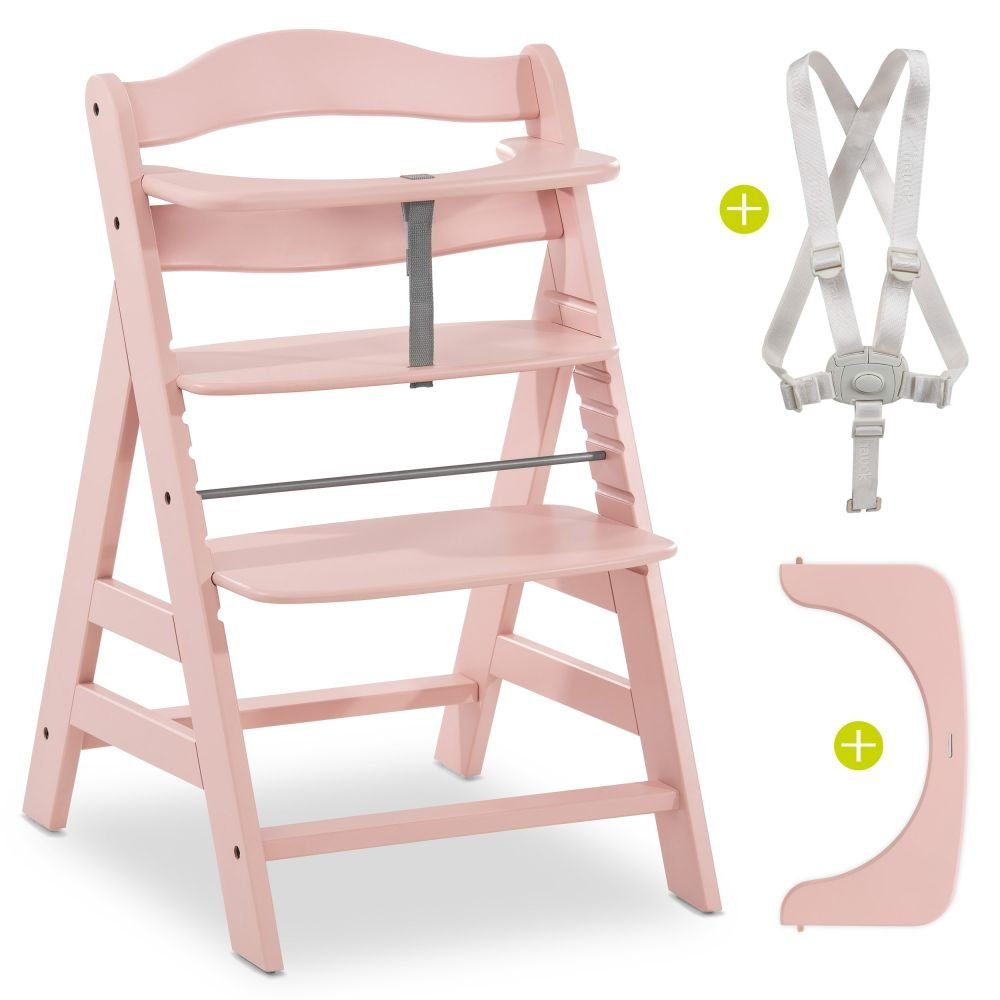Hauck Hochstuhl Alpha Plus - Rose, Mitwachsender Holz Kinderhochstuhl verstellbar mit Schutzbügel & Gurt