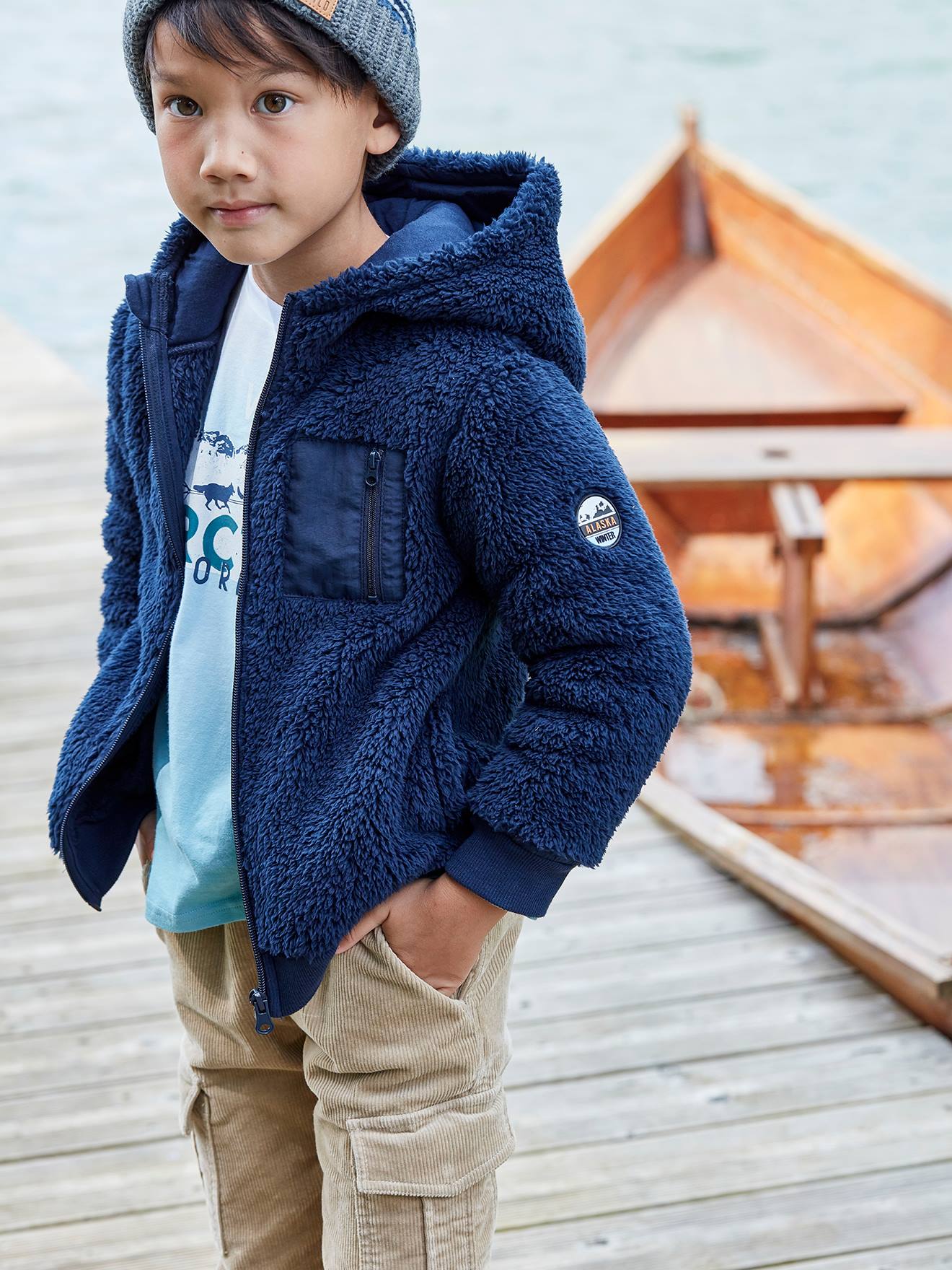 Vertbaudet Jungen Kapuzensweatjacke aus Fell-Imitat Oeko-Tex - blau