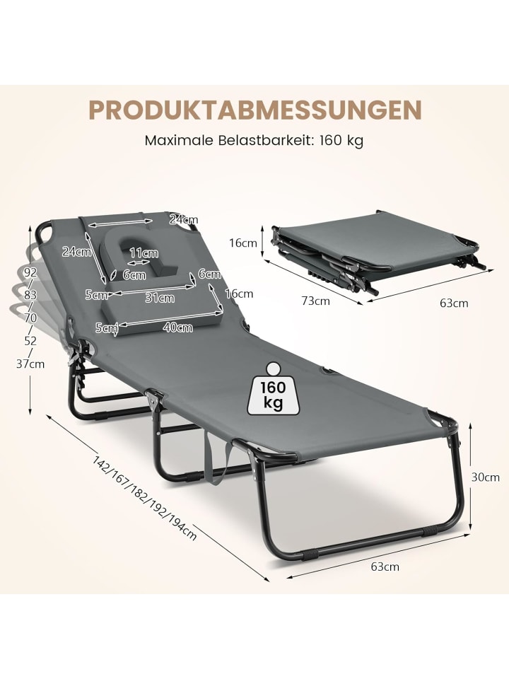 COSTWAY Sonnenliege mit Gesichtsöffnung in Grau günstig kaufen onesize
