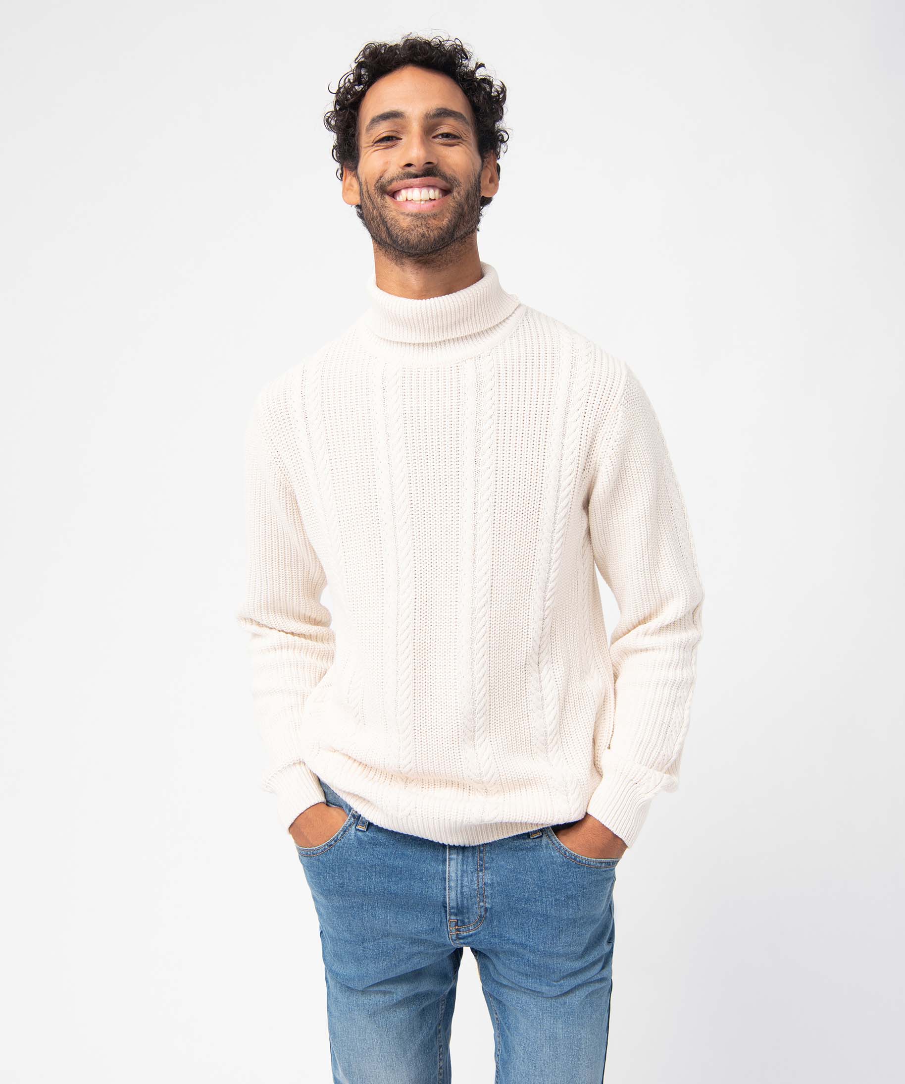 Pull homme en maille torsadée à col roulé ecru | GEMO