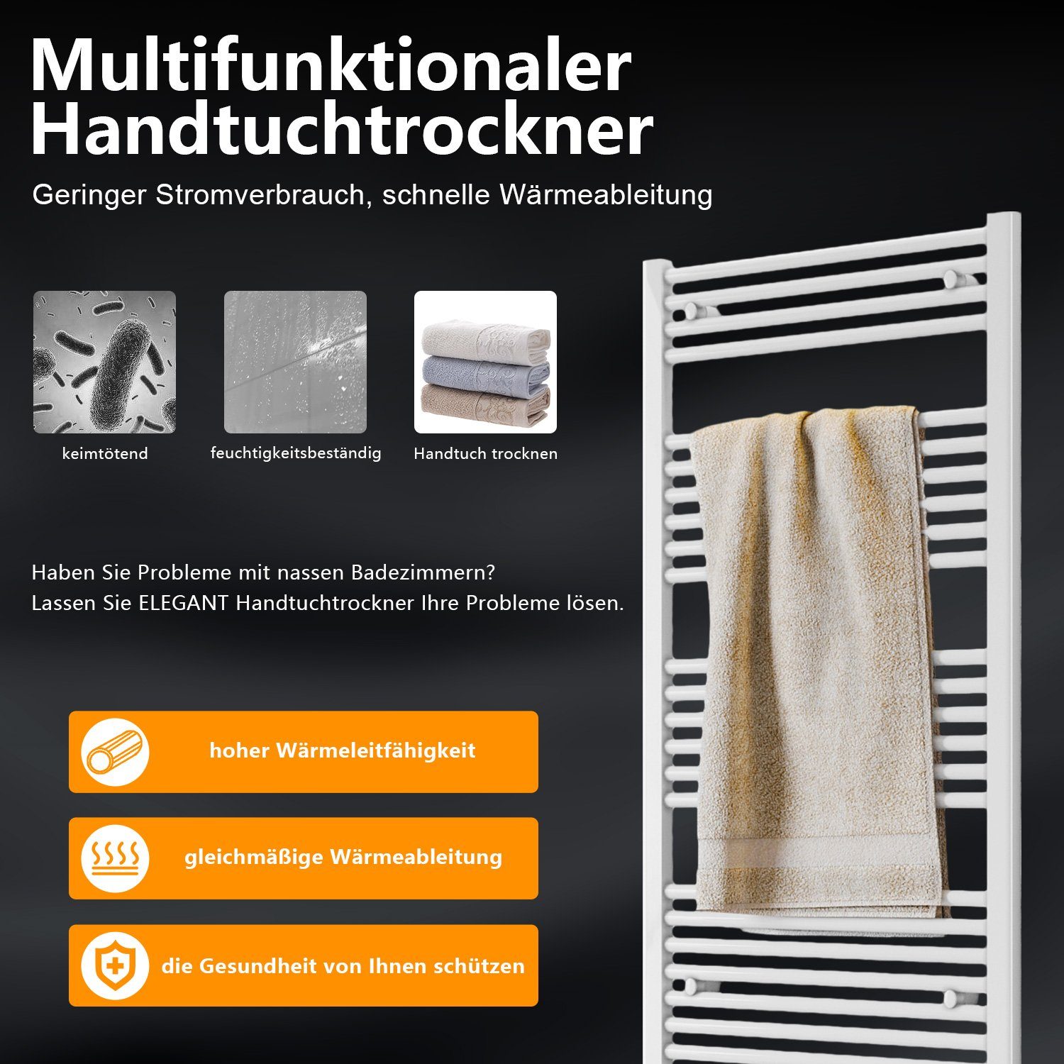ELEGANT Badheizkörper Handtuchheizkörper Bad Handtuchwärmer Handtuchtrockner, Anthrazit, Mittelanschluss, mit/ohne Multiblock