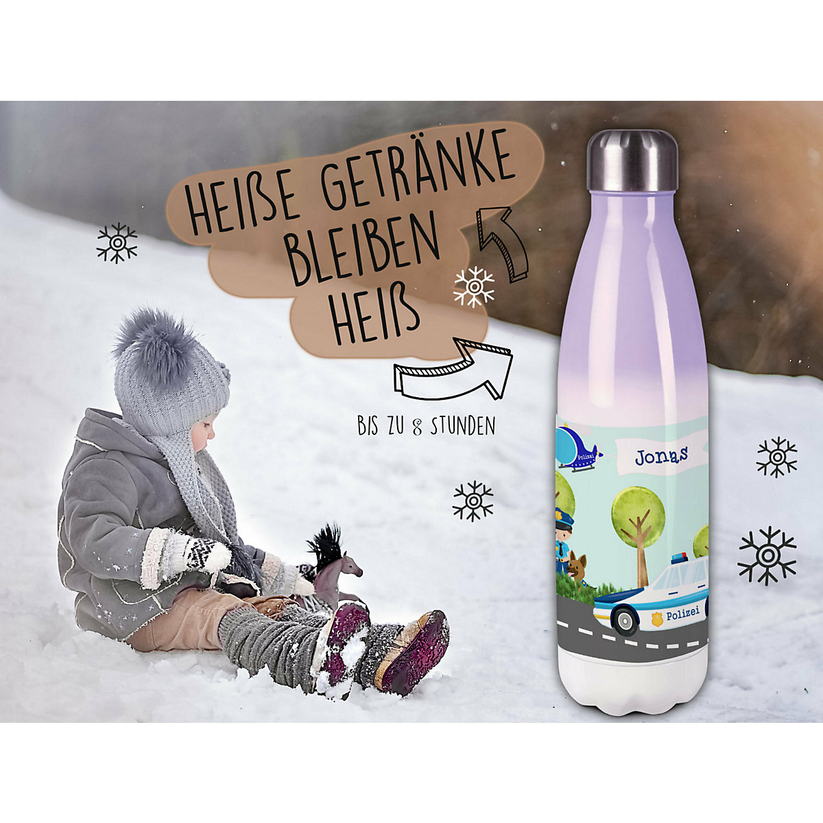 Edelstahl Kinder Thermoflasche / Trinkflasche bunt Polizei Spülmaschinenfest, Auslaufsicher, Bruchfest, Doppelwandig, Für Heißgetränke geeignet, Mit Deckel, Isoliert