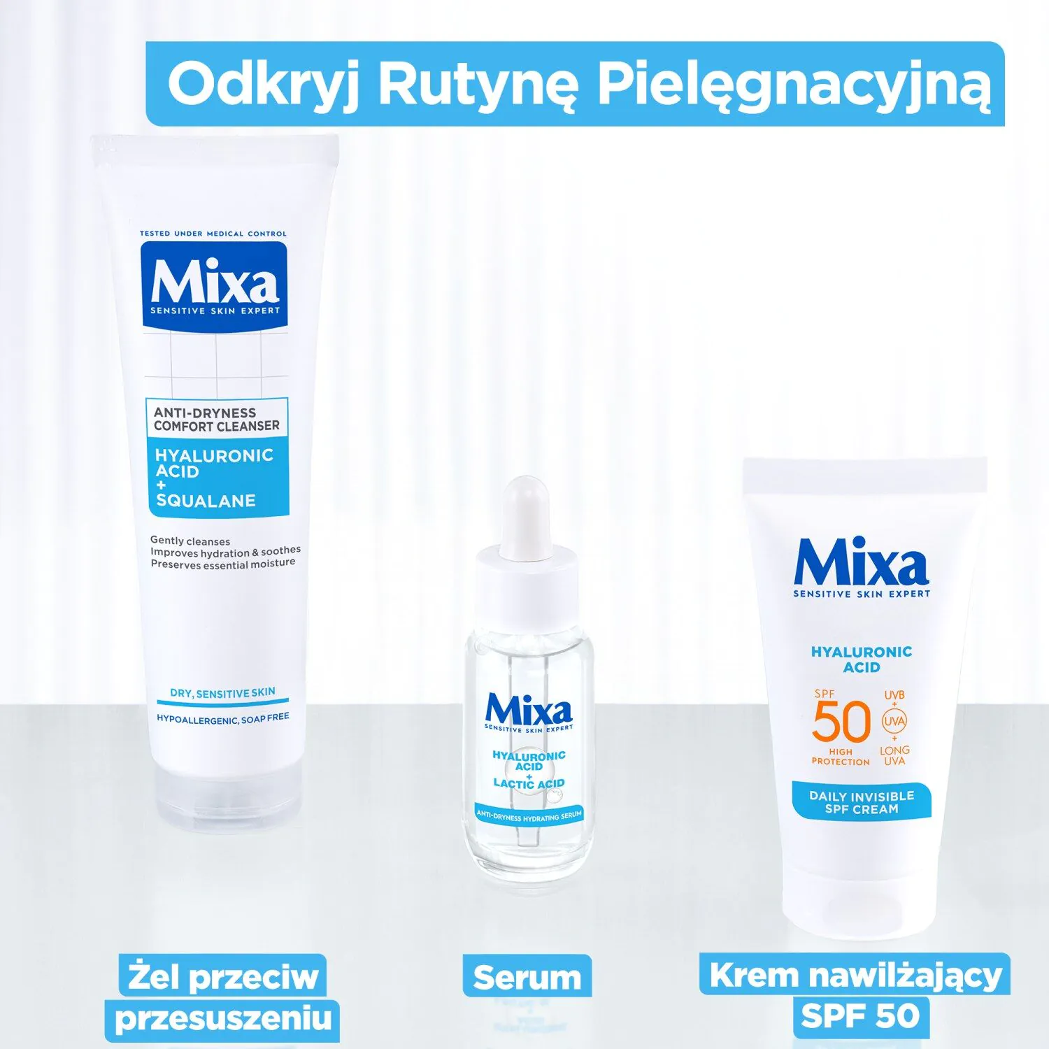 Mixa Hydraterende Gezichtscrème SPF50 met hyaluronzuur om uitdroging te voorkomen.