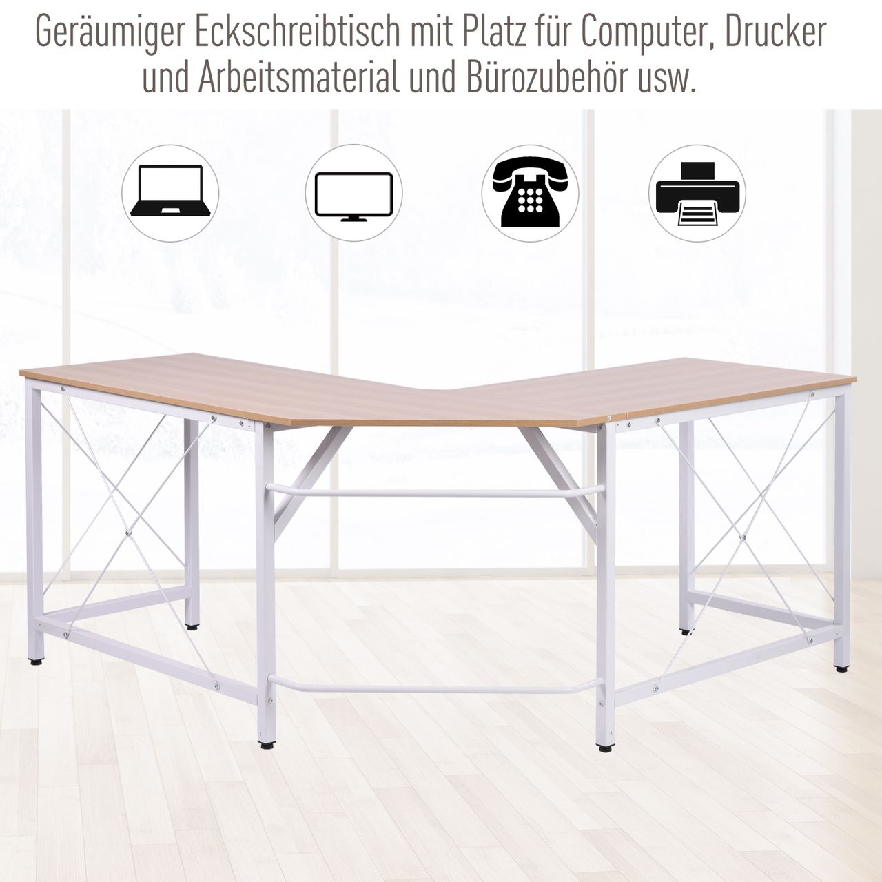 HOMCOM Computertisch L-Form Eckschreibtisch Winkelschreibtisch MDF Natur 150 x 150 x 76 cm