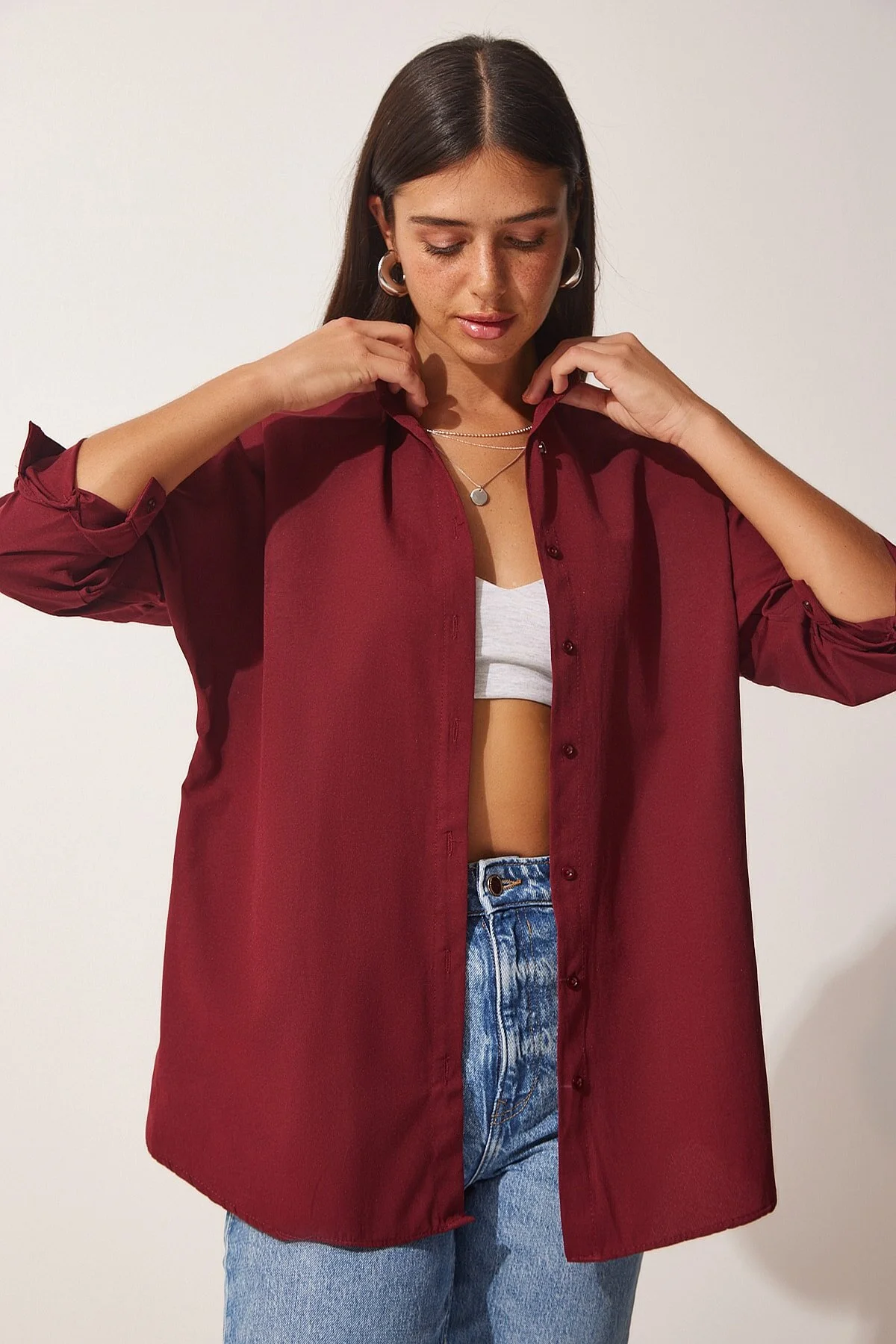 Happiness İstanbul  Burgunderrotes, langes Basic-Shirt für Damen in Übergröße DD00842