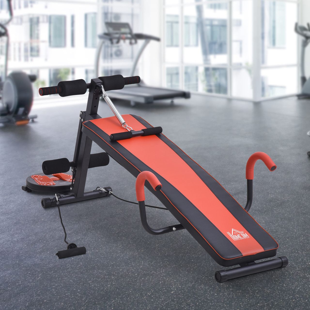 HOMCOM Sit Up Bank Bauchtrainer Trainingsbank Verstellbar Gepolstert mit Widerstand 120 kg Belastbarkeit Rot Schwarz 53x166x52–60 cm