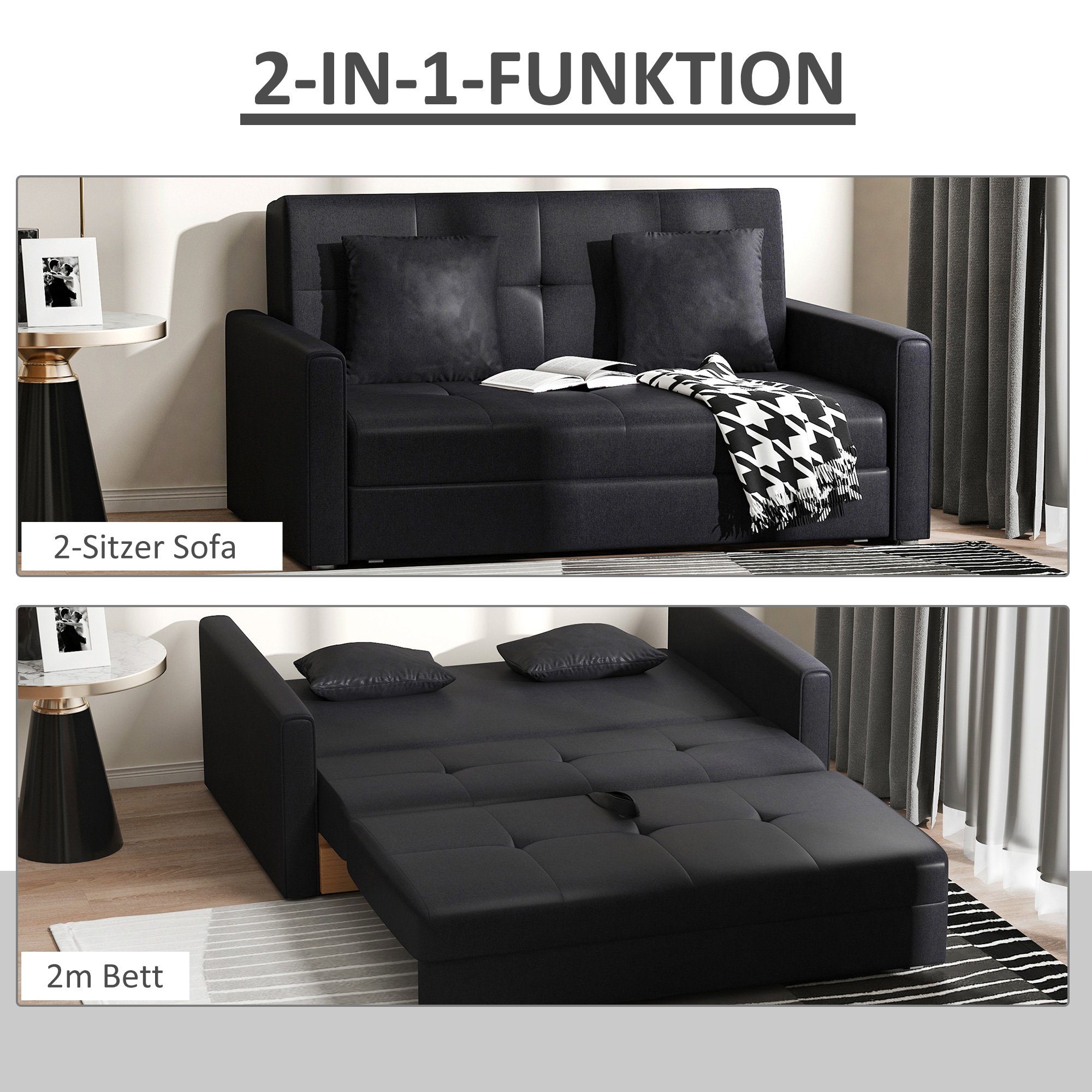 HOMCOM Schlafsofa Sofa mit Bettfunktion, Polstersofa mit Stauraum, Schlafcouch, 2-Sitzer Sofa 1 Teile, für Wohnzimmer, Polycotton, Holz