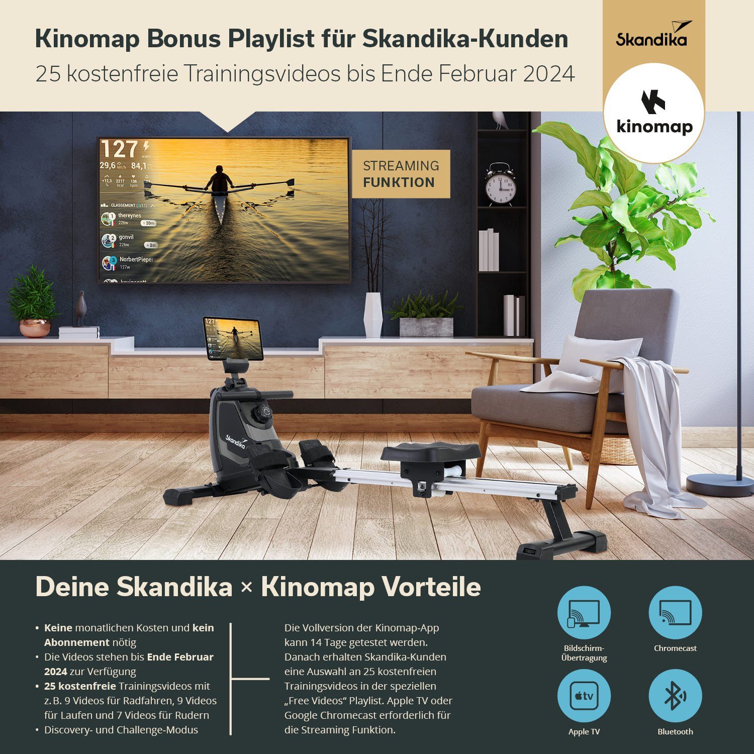 Skandika Rudergerät Venn (grau) mit Multifunktionscomputer, Ruderergometer, Tablet-Halterung