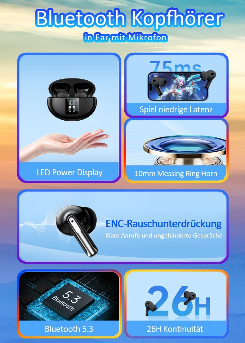 KUGI Bluetooth Kopfhörer in Ear mit Mikrofon Bluetooth 5.3 LED Anzeige In-Ear-Kopfhörer (Stereoklang Ohrhörer mit Smart Touch für iOS Andriod, Kopfhörer Kabellos ENC Noise Cancelling, Earbuds Sport Kopfhörer Bluetooth, True-Wireless Rauschunterdrücku