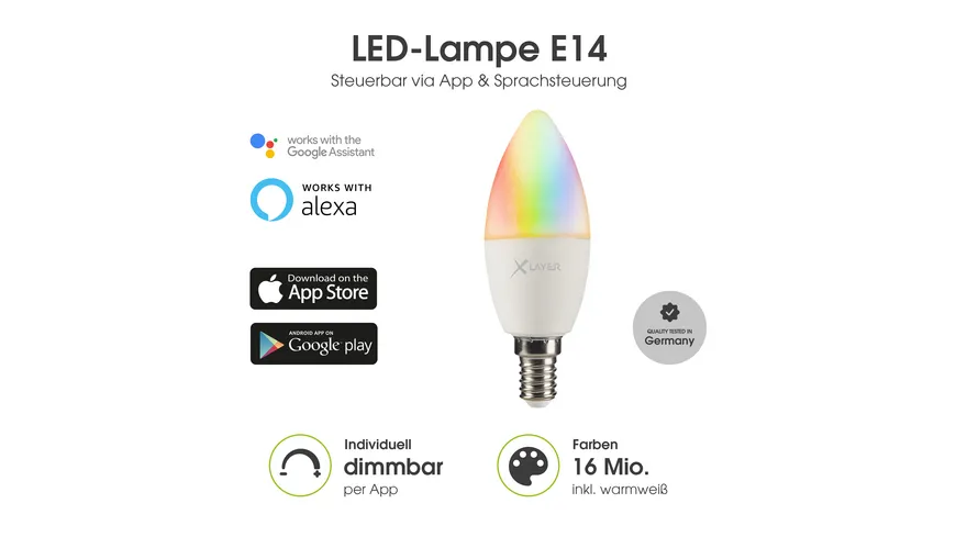 XLayer Smart Home WiFi LED E14 - 4.5 Watt Lampe - Birne Mehrfarbig, Dimmbar, Warm- und Kaltweiß