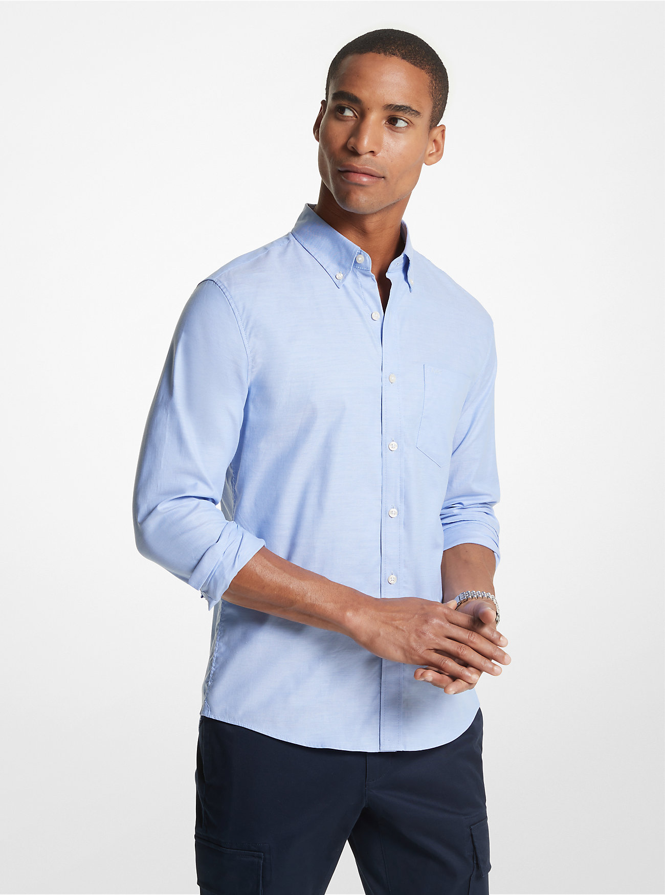 Camicia Oxford in cotone elasticizzato - Blu girocollo
