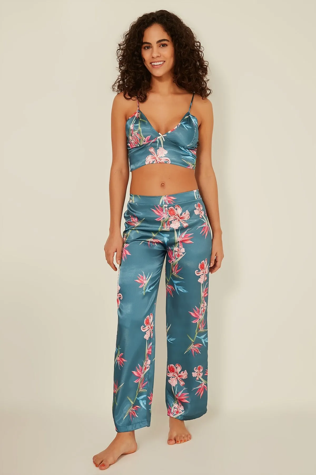 C&City  045 Gemustertes 3-teiliges Satin-Pyjama-Set für Damen, Türkis