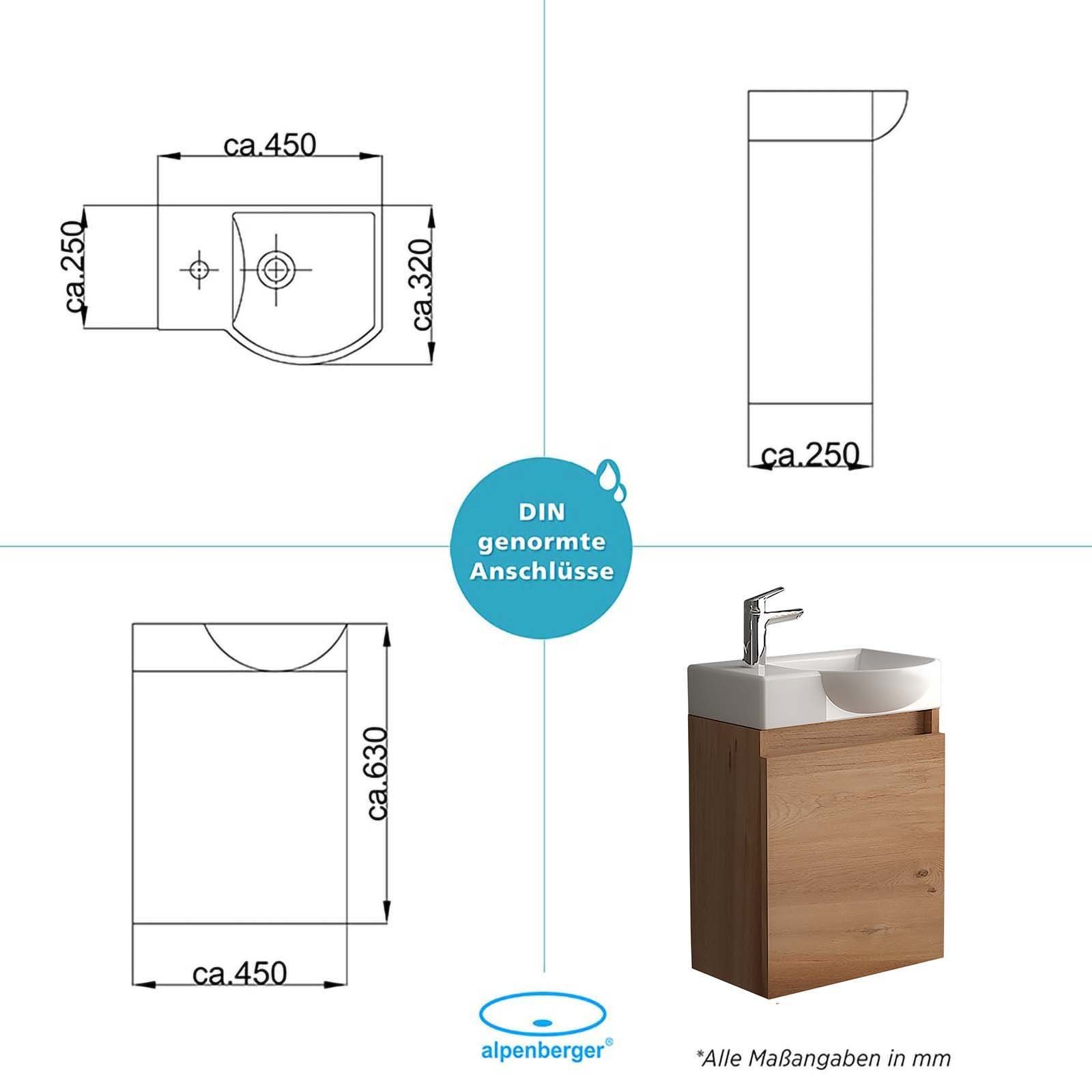 Alpenberger Badmöbel-Set Badschrank in Bamboo Optik mit Keramik Waschbecken, (2-tlg., Badmöbel Set Vormontiert), Eckig ovales Becken mit Überlauf, eintüriger Badschrank mit Softclose
