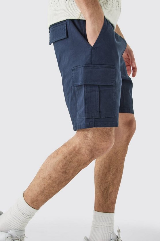 Dunkelblaue Slim-Fit Cargo-Shorts mit elastischem Bund