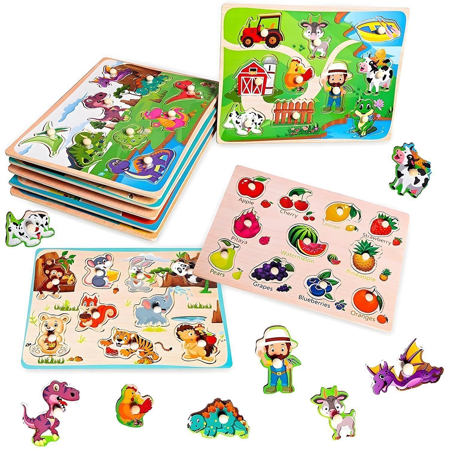 LBLA Lernspielzeug Dino, Fahrzeug, Bauernhof, Zoo, Meer, Obst Holzpuzzle (6er Set), Puzzlespiel, Steckpuzzle, Holzspielzeug für Kinder, Weihnachtsgeschenk
