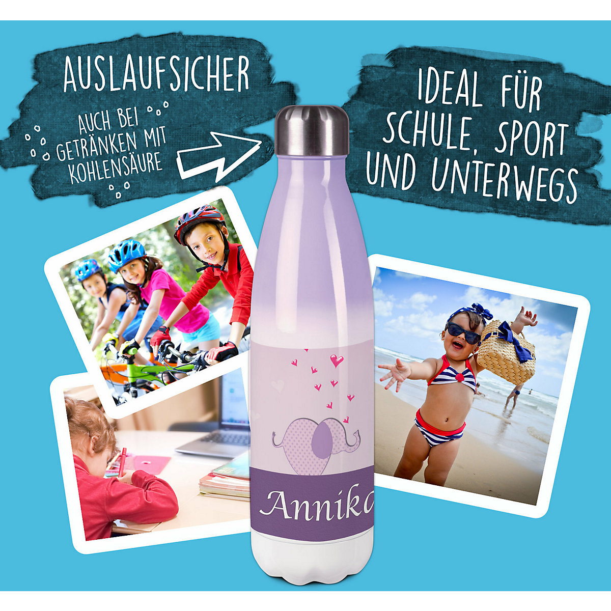 Edelstahl Kinder Thermoflasche / Trinkflasche bunt Elefant Farbe lila Spülmaschinenfest, Auslaufsicher, Bruchfest, Doppelwandig, Für Heißgetränke geeignet, Mit Deckel, Isoliert
