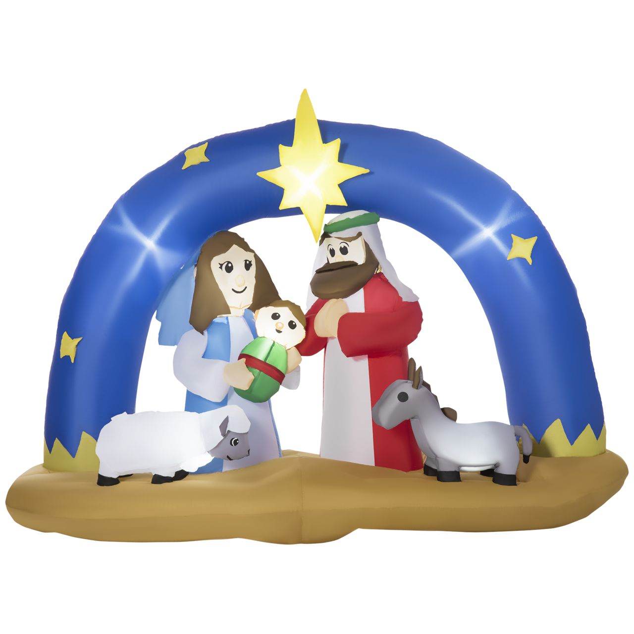 HOMCOM Aufblasbarer Weihnachtsbogen Bibel-Bogen von Jesus' Geburt 1,57 m Weihnachtsdeko mit LED Weihnachtskrippe mit Torbogen wasserdicht Polyester Blau Braun 206 x 95 x 157 cm