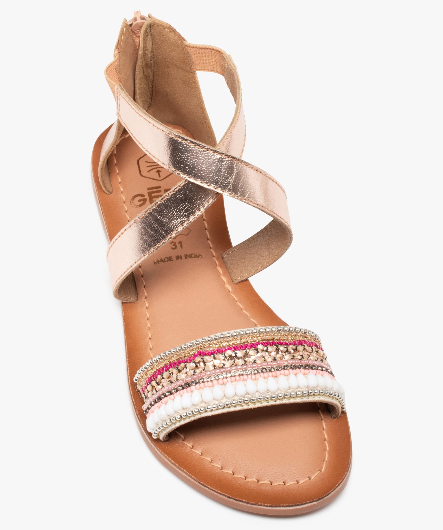 Sandales fille à tige montante et bride brodée de perles rose | GEMO