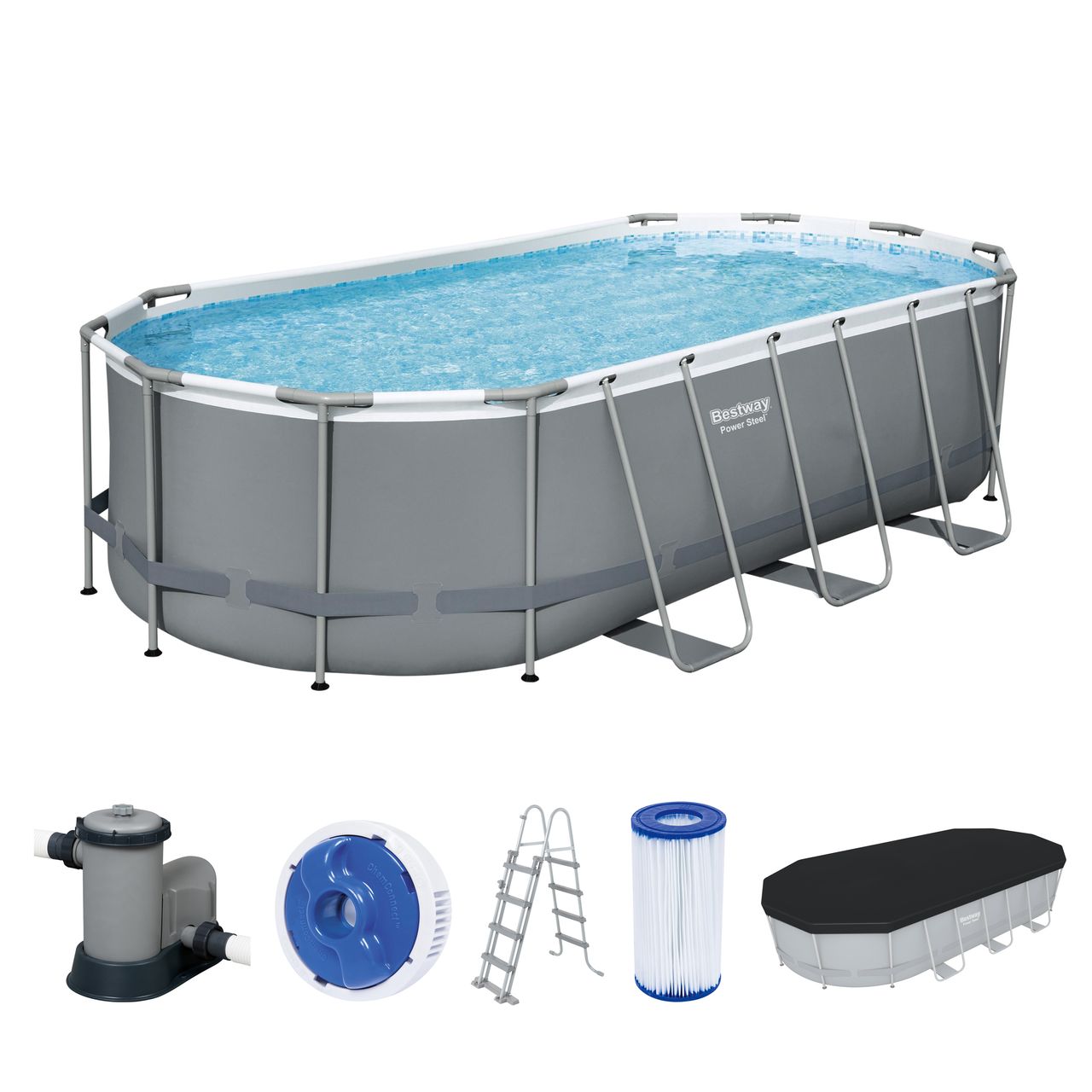 Bestway Power Steel™ Frame Pool Komplett-Set mit Filterpumpe 549 x 274 x 122 cm, grau, oval
