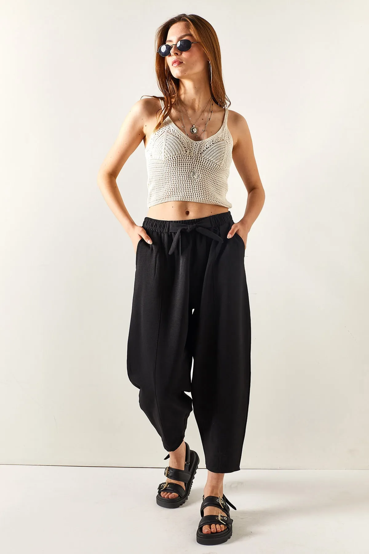 Olalook  Schwarze Damen-Shalwar-Hose aus Leinen mit Taschen und Nähten, PNT-19000234