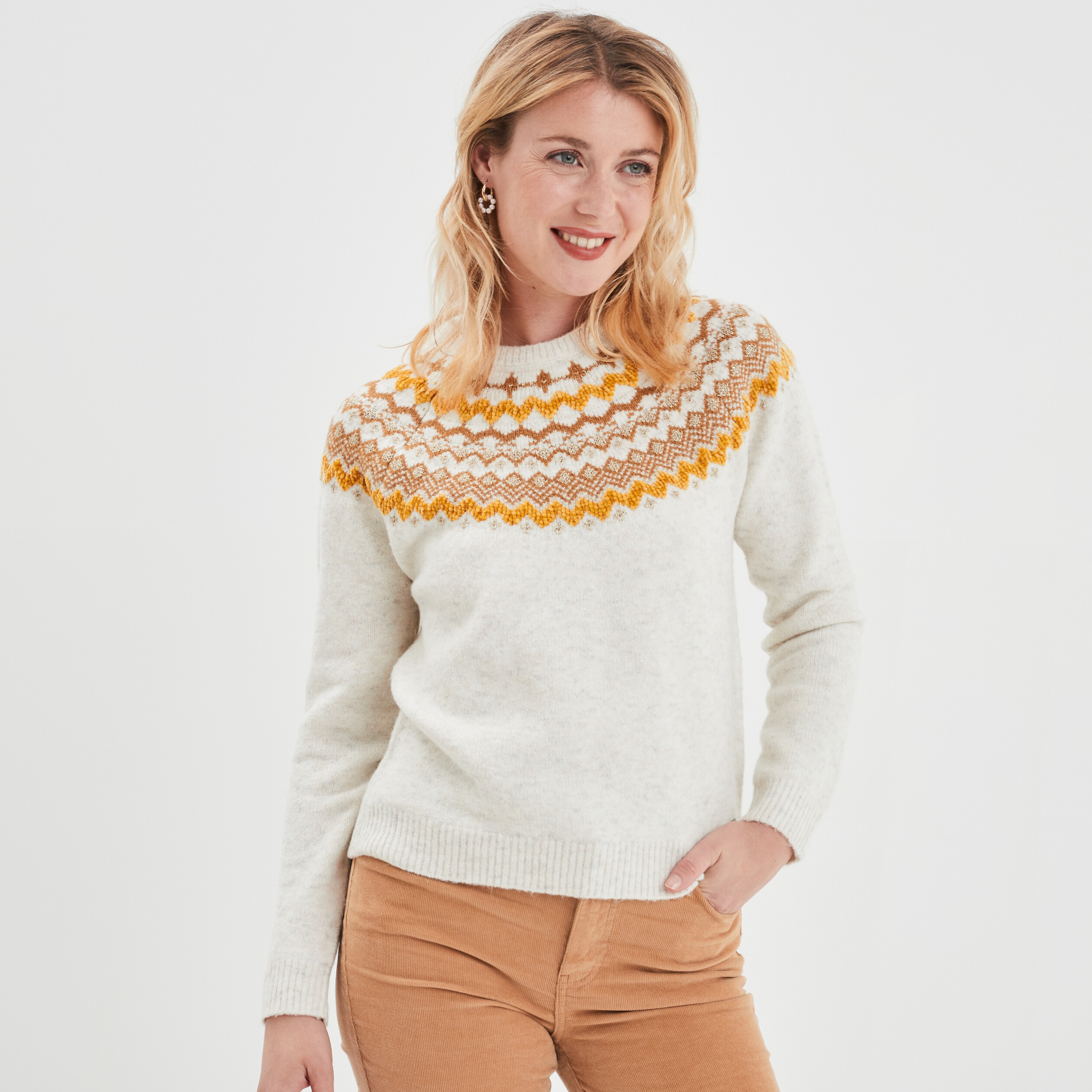 Pull col rond manches longues Creeks blanc femme | La Halle