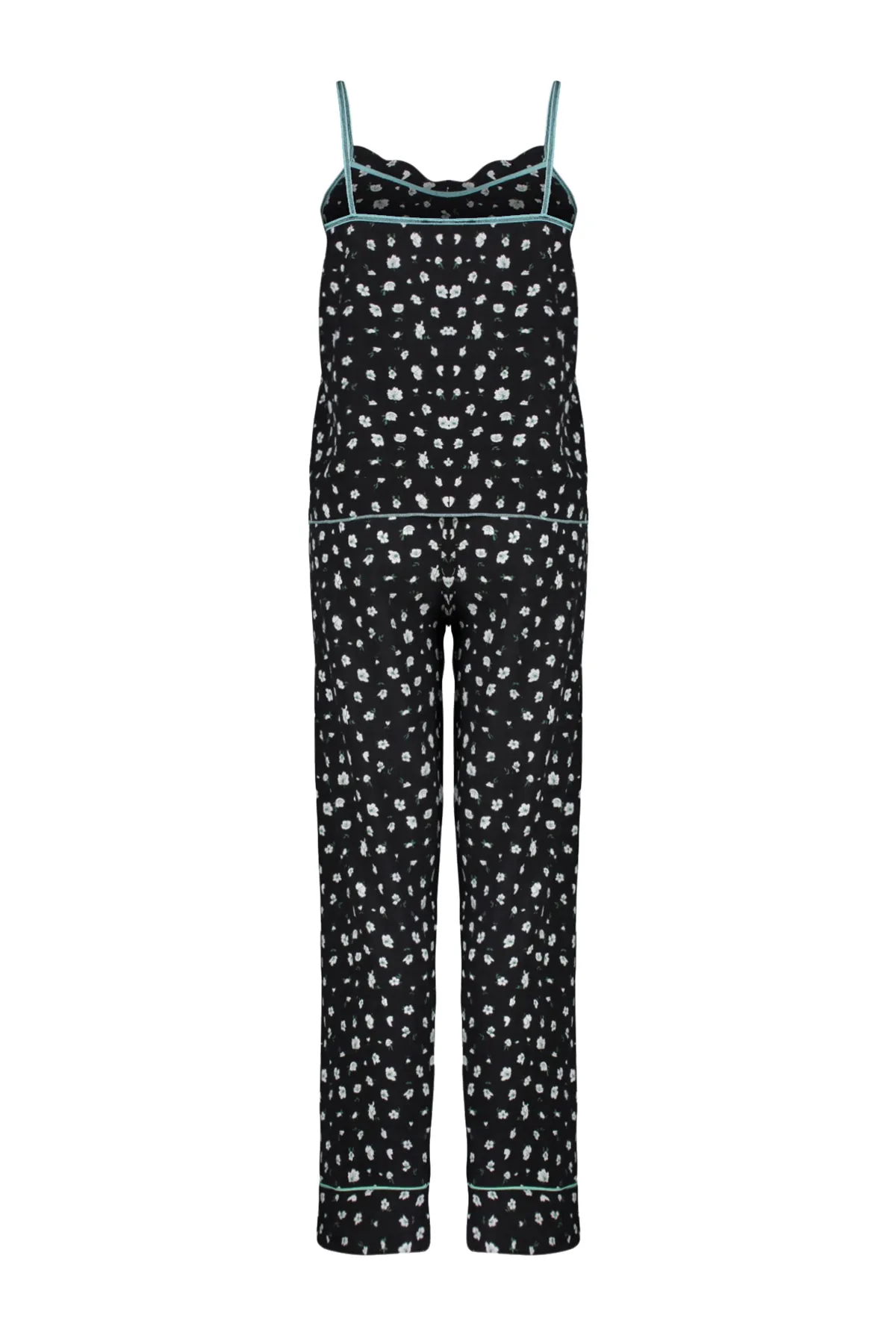 Trendyol Collection  Schwarzes Pyjama-Set mit Blumenmuster, 100 % Baumwolle, Kordelriemen, THMSS24PT00305