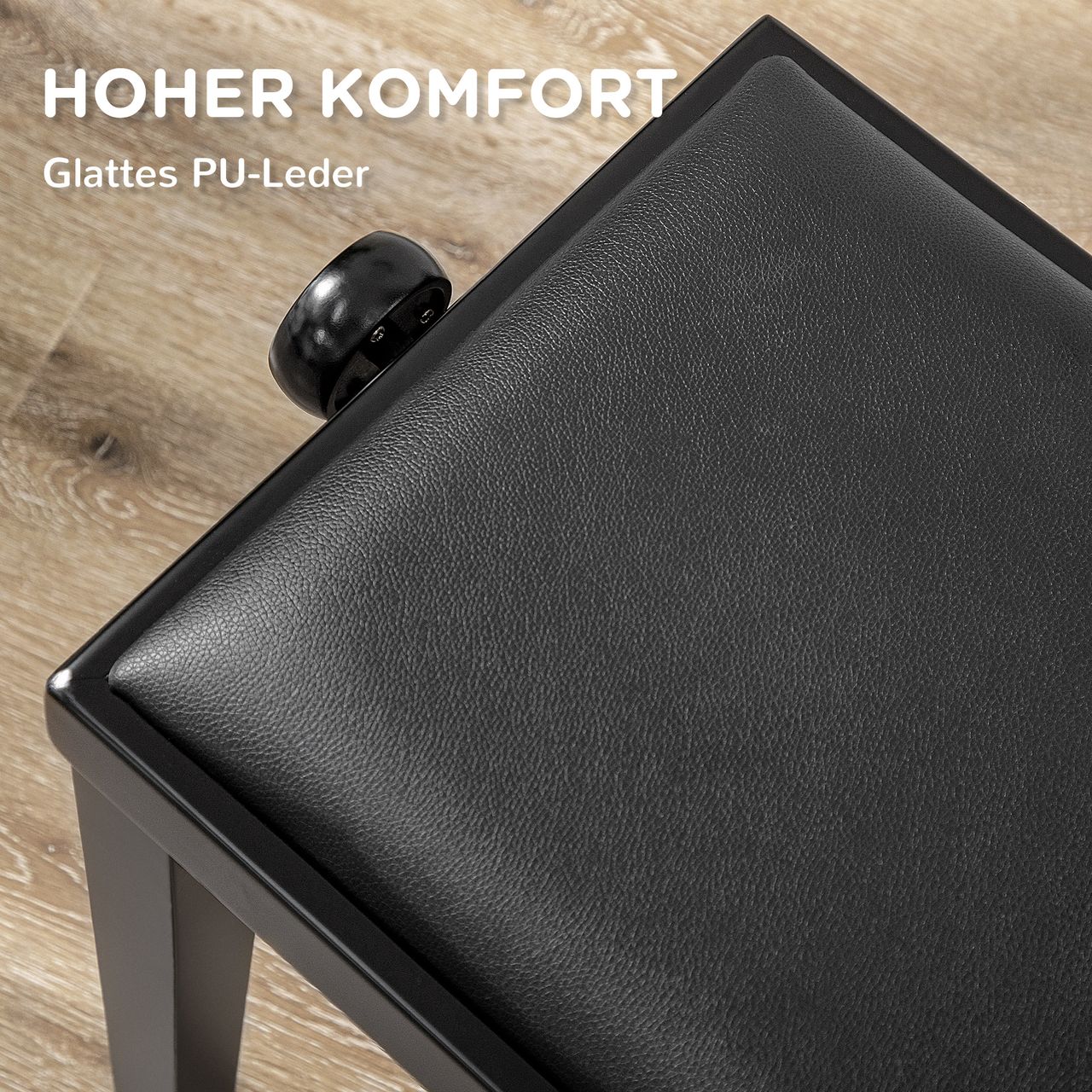 HOMCOM Klavierhocker Höhenverstellbare Klavierbank mit Lederkissen Pianobank Kunstleder Gummiholz Schwarz 63 x 33 x 45-56 cm