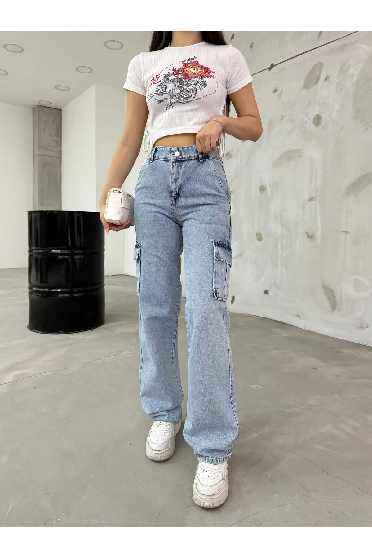 BİKELİFE  Hellblaue Cargohose mit hoher Taille und weitem Bein für Damen
