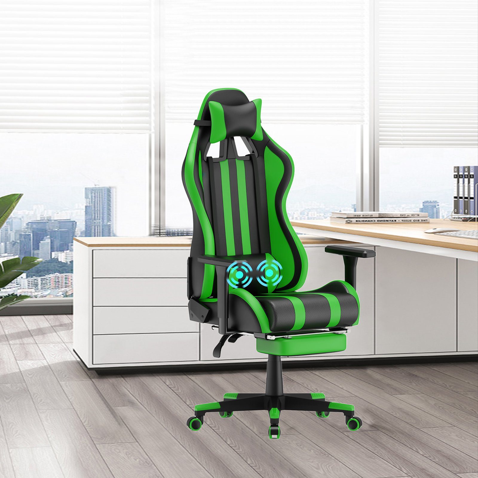 AUFUN Gaming-Stuhl Authmic Biirostuhl Ergonomischer Schreibtischstuhl, Max. 150 kg (Massage Gaming Sessel für Livestreaming Xbox (Grau/Blau/Grün/Rot/Schwarz), mit Vibration Massage Lendenkissen, Fußstütze, Kopfstütze, Ergonomisch