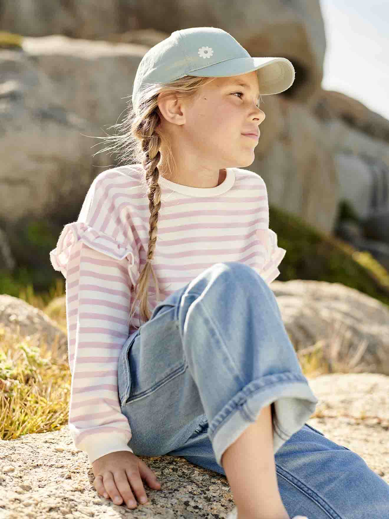 Vertbaudet Mädchen Ringel-Sweatshirt, Volantärmel Oeko-Tex - altrosa
