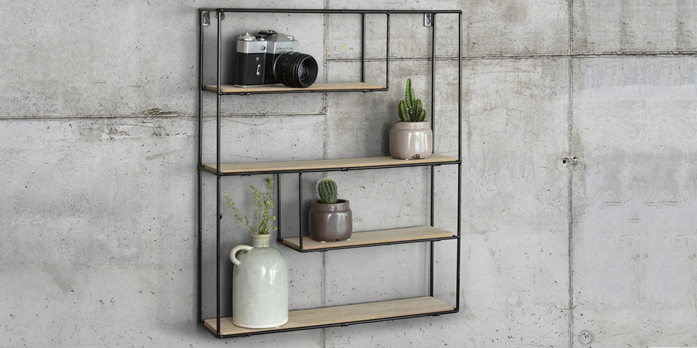 Lifa Living Wandregal Bilbao aus Holz und Metall, 55 x 45 x 11 cm